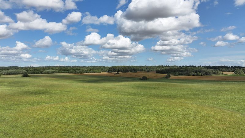 Scenic view of grassy fields and blue sky with clouds in Estonia.