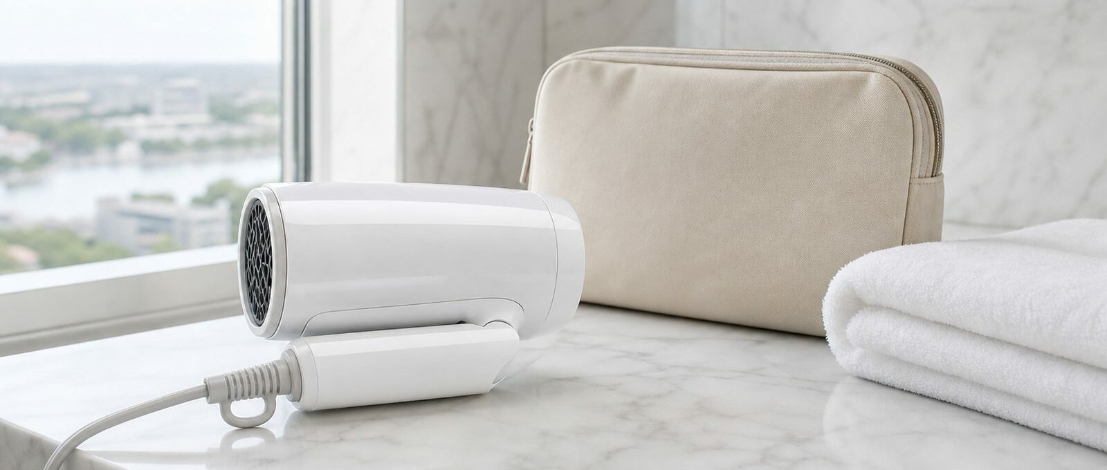 White folding travel hair dryer on a marble hotel bathroom counter beside a toiletry pouch
