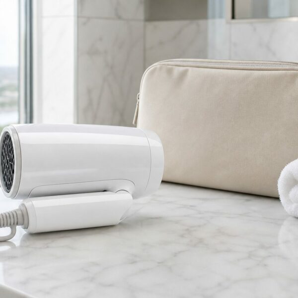 White folding travel hair dryer on a marble hotel bathroom counter beside a toiletry pouch