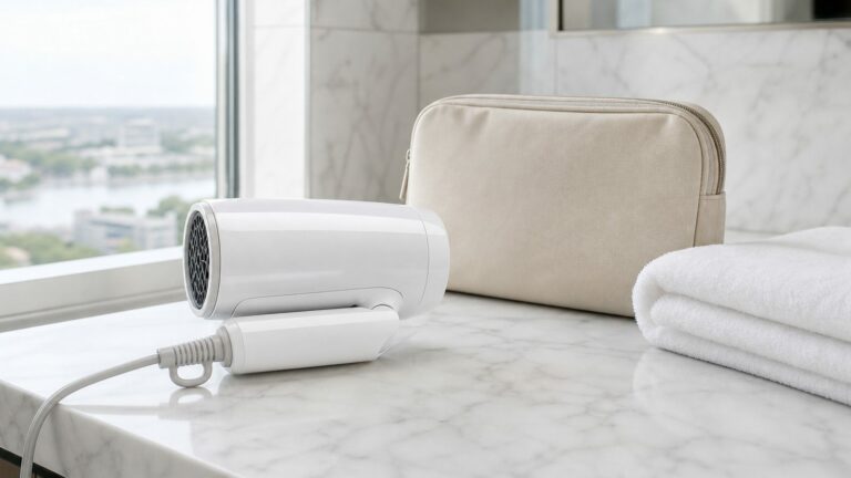 White folding travel hair dryer on a marble hotel bathroom counter beside a toiletry pouch