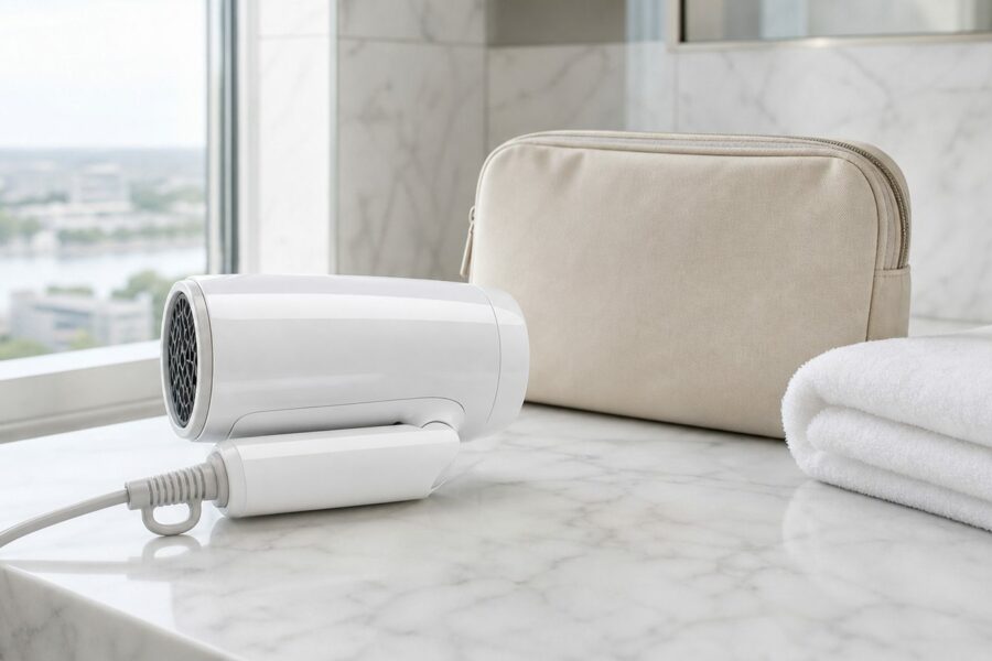 White folding travel hair dryer on a marble hotel bathroom counter beside a toiletry pouch