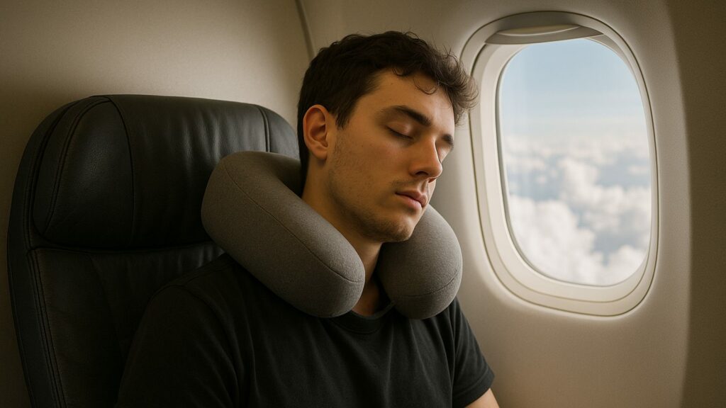 Traveller asleep in an airplane window seat wearing a grey memory-foam neck pillow