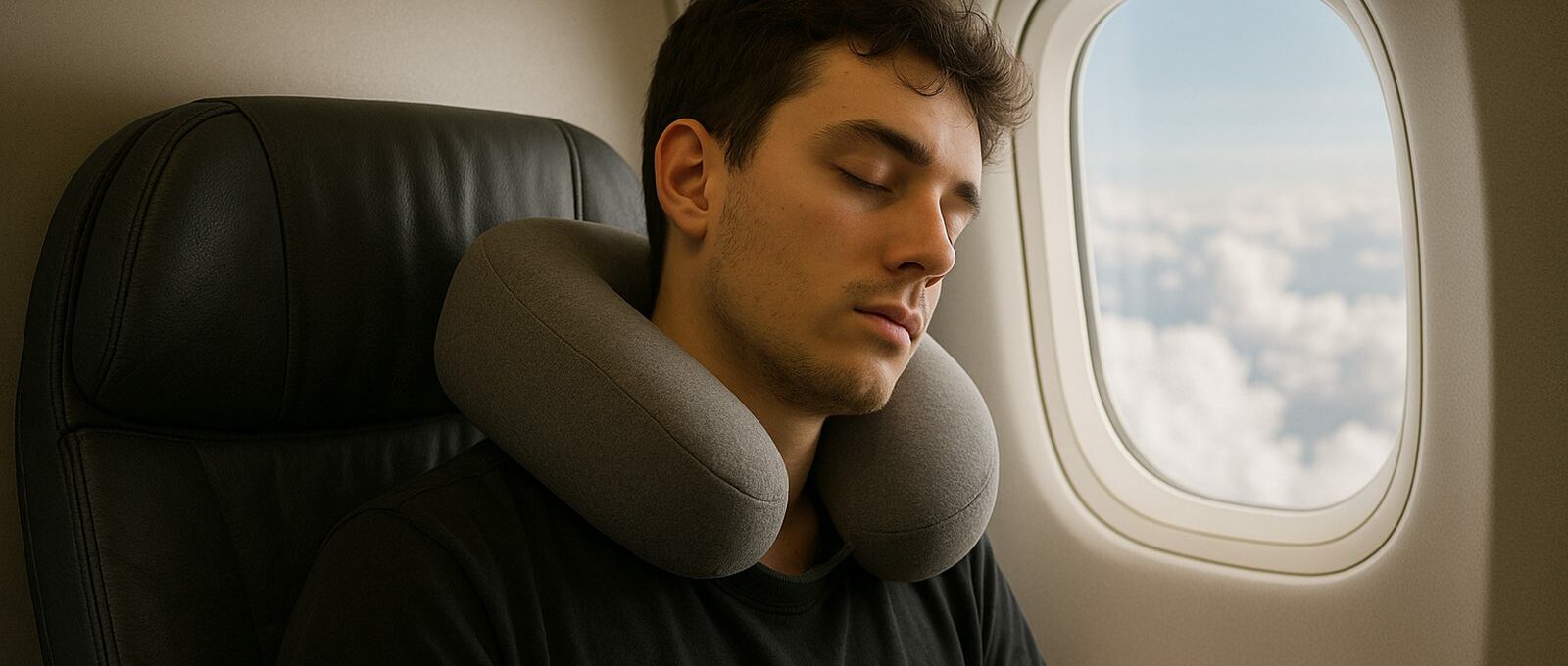 Traveller asleep in an airplane window seat wearing a grey memory-foam neck pillow