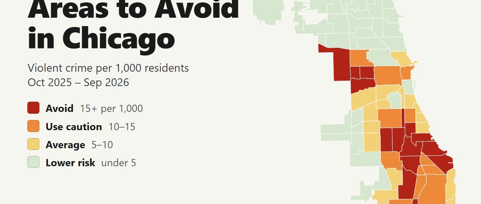 Map of Chicago community areas colored by violent crime rate, with the areas to avoid in red on the West Side and South Side