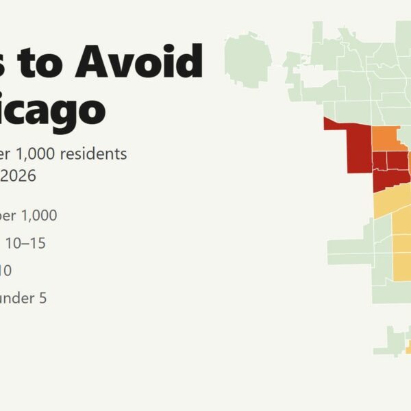 Map of Chicago community areas colored by violent crime rate, with the areas to avoid in red on the West Side and South Side