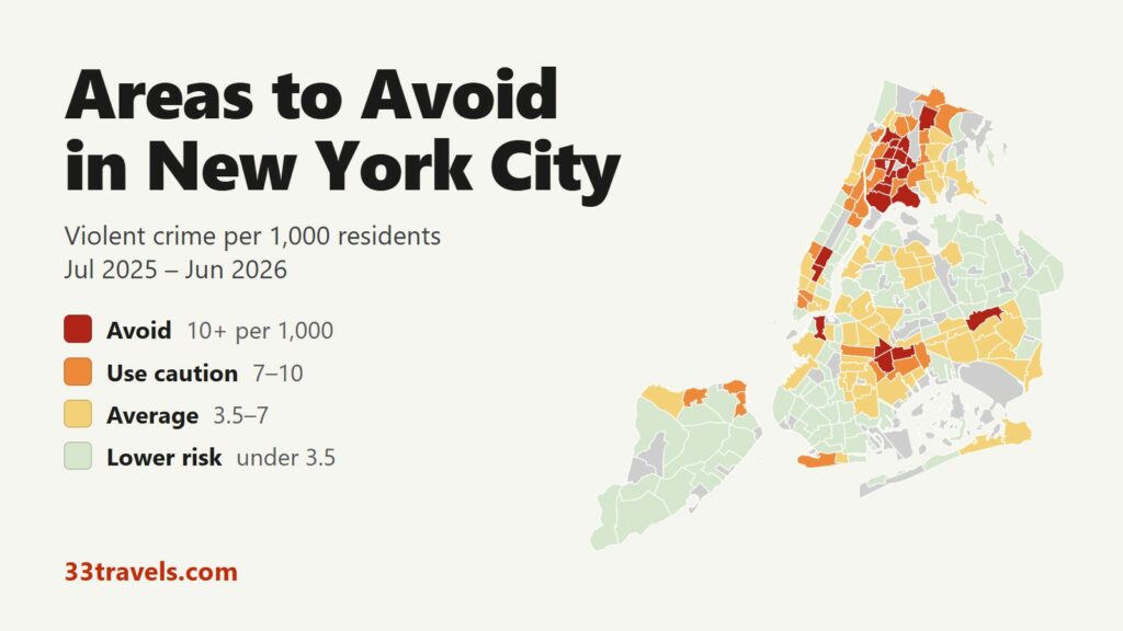 Map of New York City neighborhoods colored by violent crime rate, July 2025 to June 2026