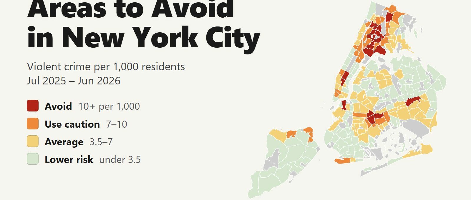 Map of New York City neighborhoods colored by violent crime rate, July 2025 to June 2026