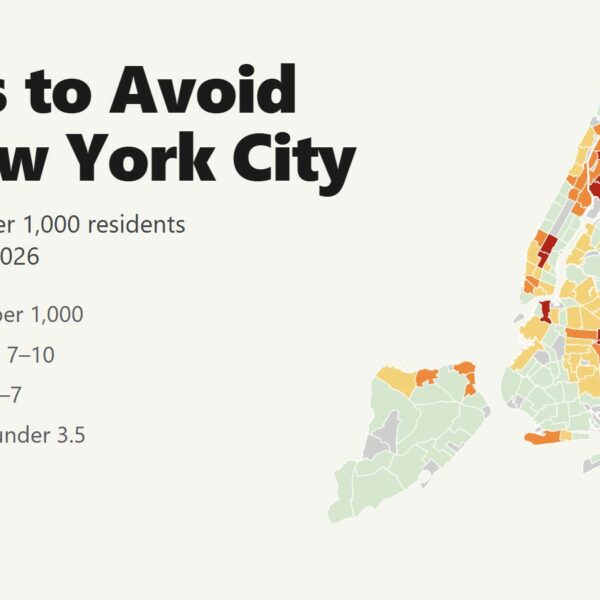Map of New York City neighborhoods colored by violent crime rate, July 2025 to June 2026