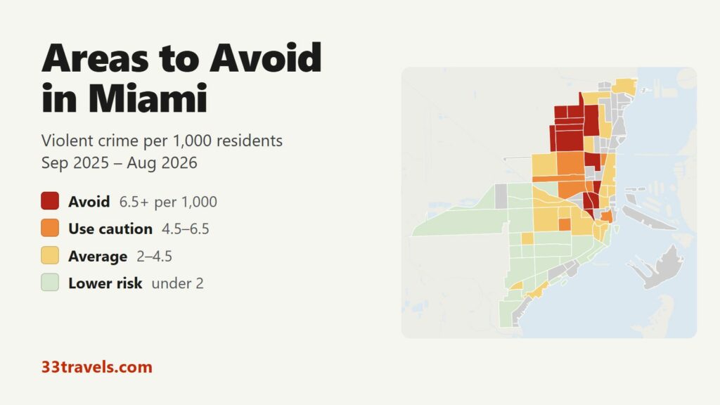 Map of the areas to avoid in Miami by violent crime per 1,000 residents