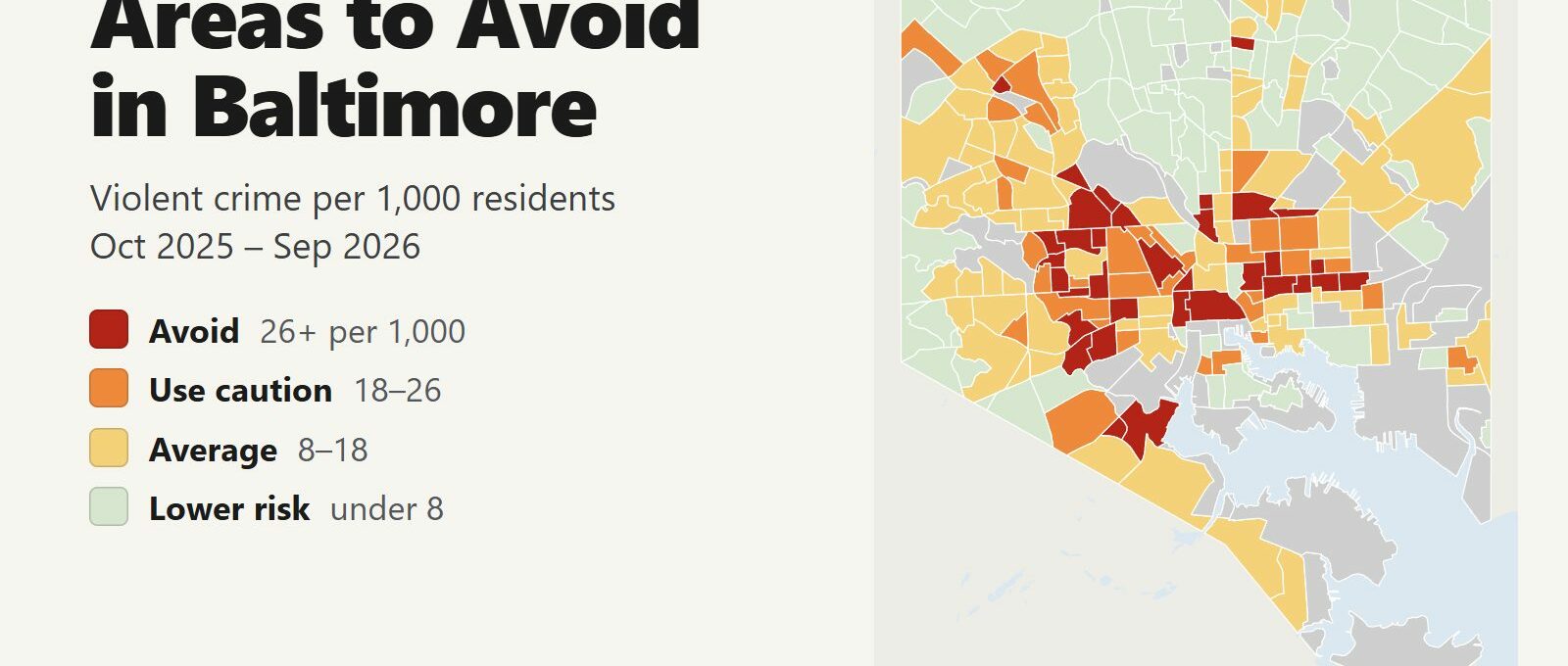 Map of the areas to avoid in Baltimore by violent crime rate per neighborhood