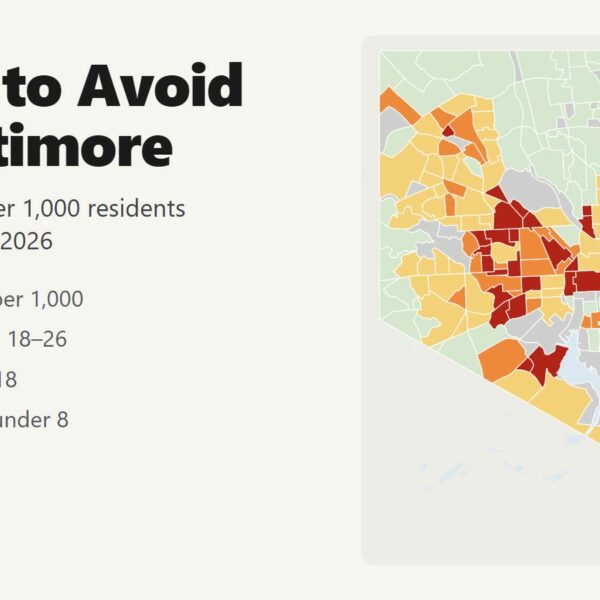 Map of the areas to avoid in Baltimore by violent crime rate per neighborhood