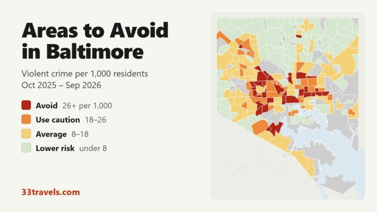 Map of the areas to avoid in Baltimore by violent crime rate per neighborhood