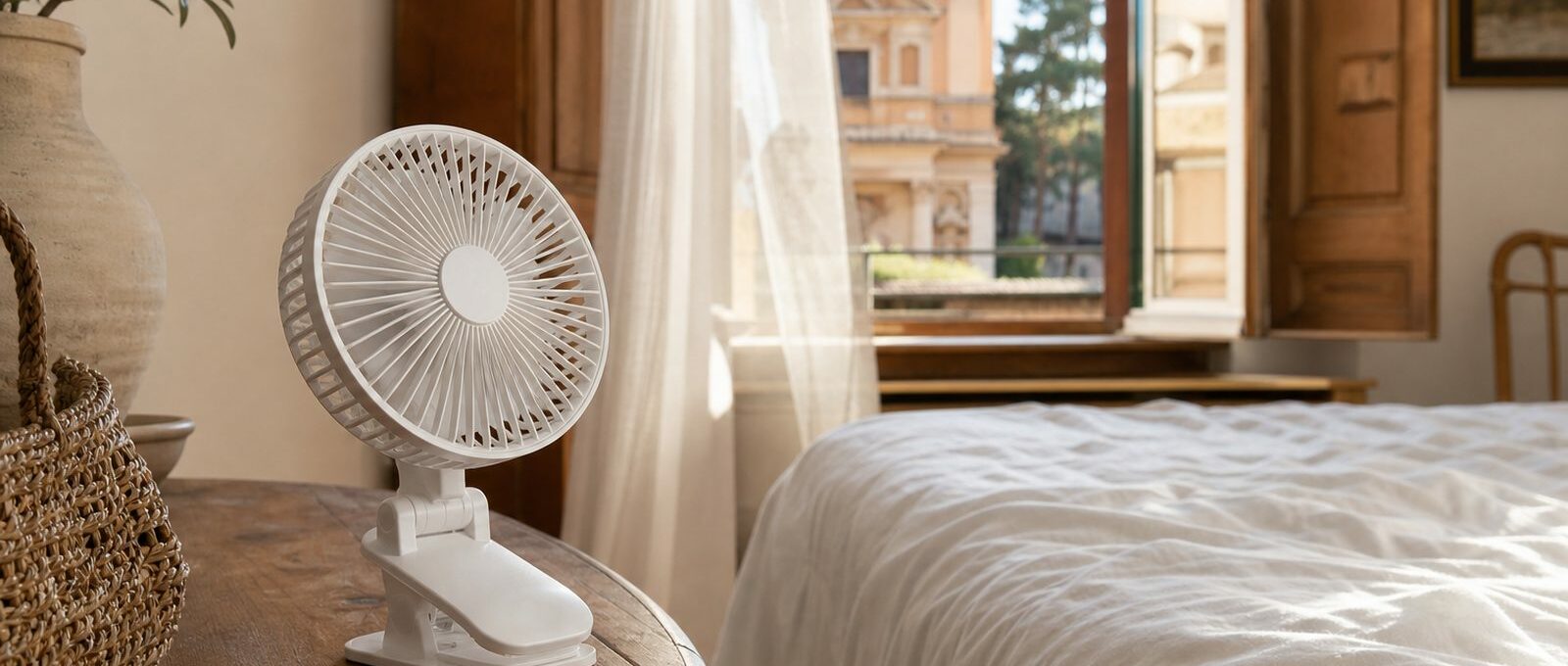 White clip-on travel fan on a wooden nightstand in a sunlit European hotel room with open shutters
