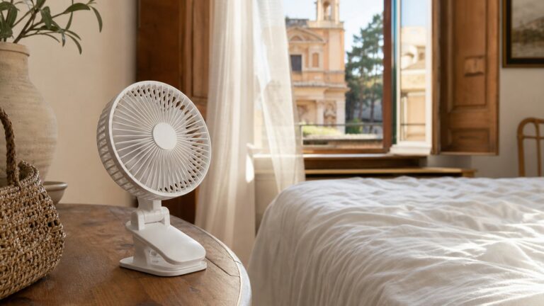 White clip-on travel fan on a wooden nightstand in a sunlit European hotel room with open shutters