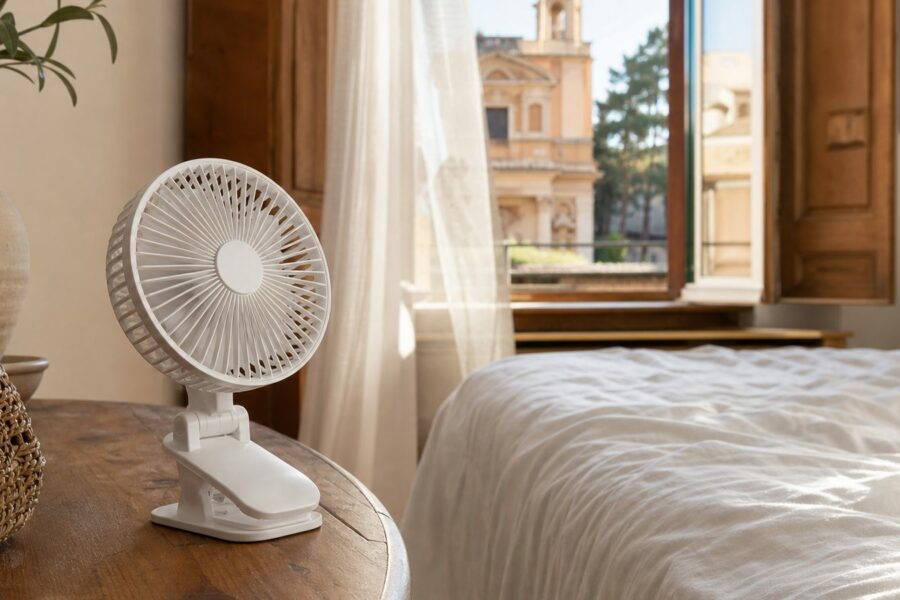 White clip-on travel fan on a wooden nightstand in a sunlit European hotel room with open shutters