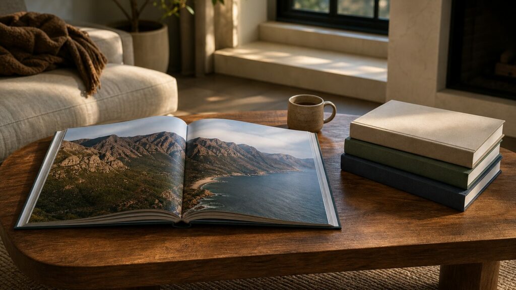 Large open coffee table book showing a mountain and coast landscape spread on a wooden coffee table, with a stack of three hardcover books and a ceramic mug