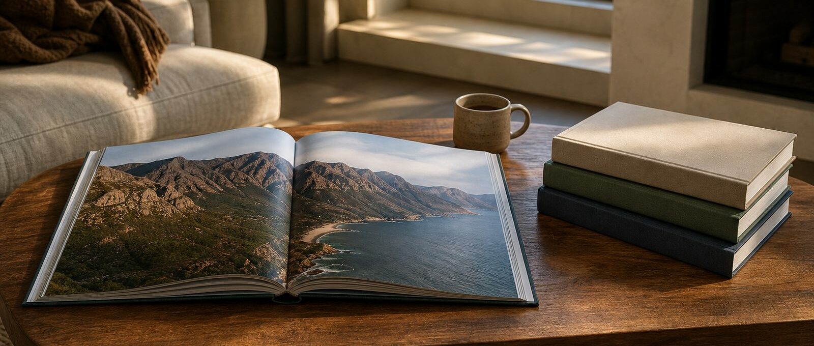 Large open coffee table book showing a mountain and coast landscape spread on a wooden coffee table, with a stack of three hardcover books and a ceramic mug