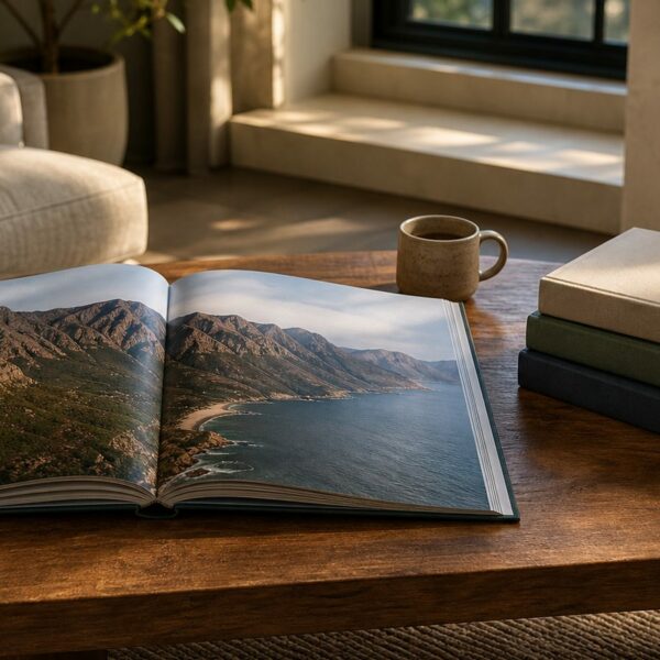 Large open coffee table book showing a mountain and coast landscape spread on a wooden coffee table, with a stack of three hardcover books and a ceramic mug