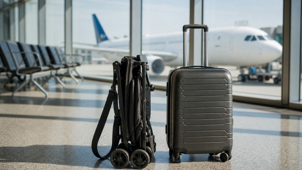 Compact travel stroller folded with its carry strap beside a carry-on suitcase at an airport gate