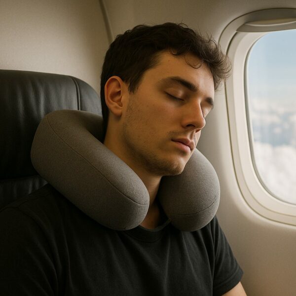 Traveller asleep in an airplane window seat wearing a grey memory-foam neck pillow
