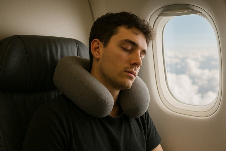 Traveller asleep in an airplane window seat wearing a grey memory-foam neck pillow