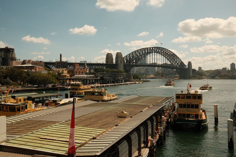 Stunning view of Sydney Harbour Bridge with ferries at Circular Quay on a sunny day.