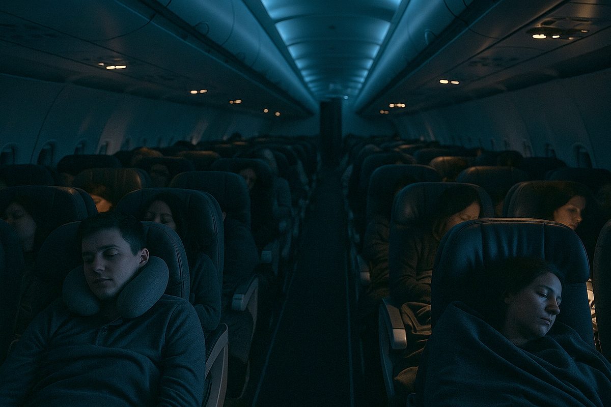 Dim night-time airplane cabin with passengers asleep, one wearing a neck pillow