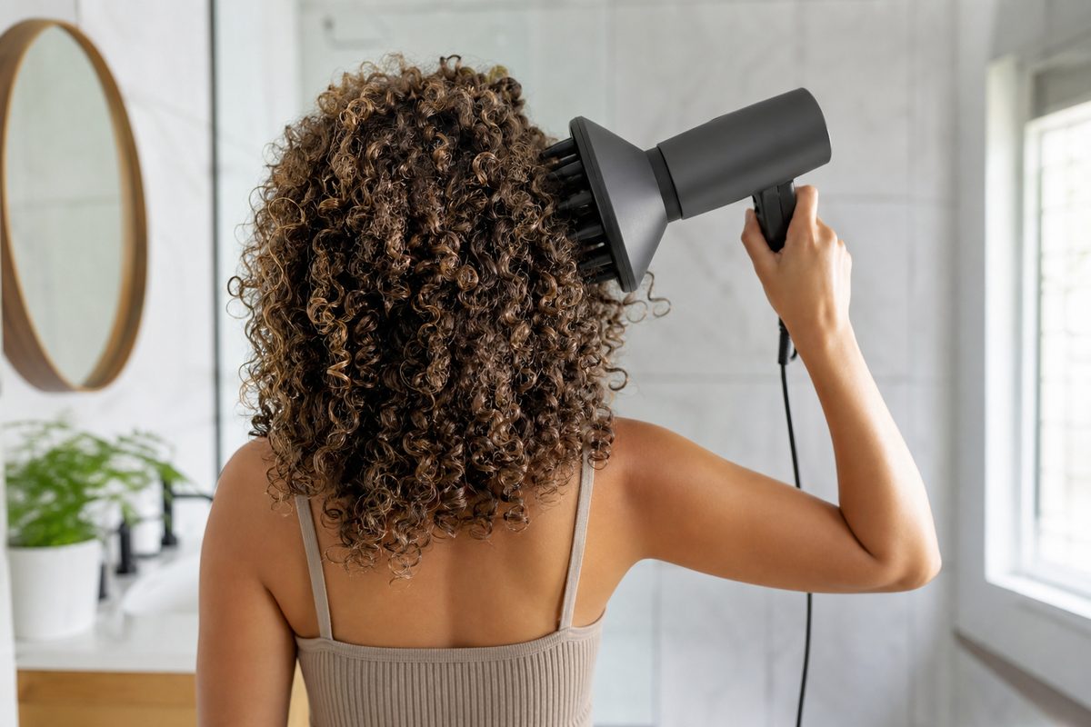 Woman with curly hair seen from behind using a hair dryer with a diffuser
