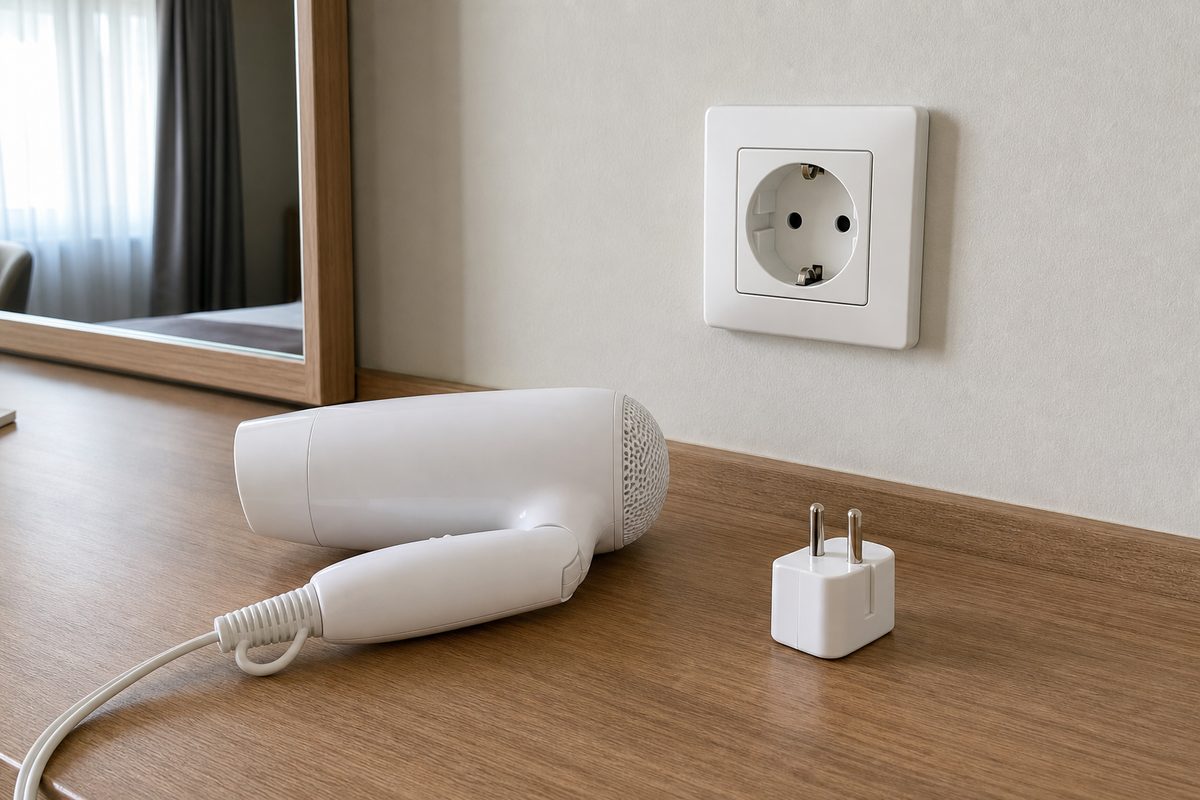 Hair dryer and plug adapter on a hotel desk below a European wall socket