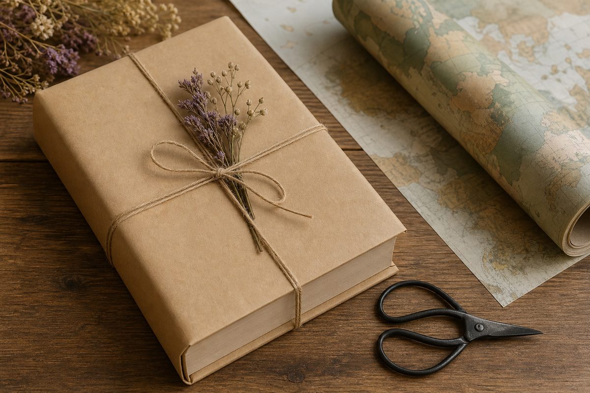 Hardcover book wrapped in kraft paper with twine and dried flowers beside world-map wrapping paper and scissors on a wooden table