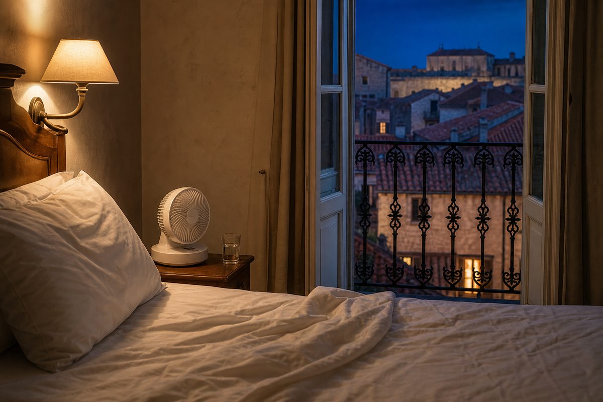 Compact white fan on a bedside table in a warm old-town hotel room at night, balcony doors open over terracotta roofs