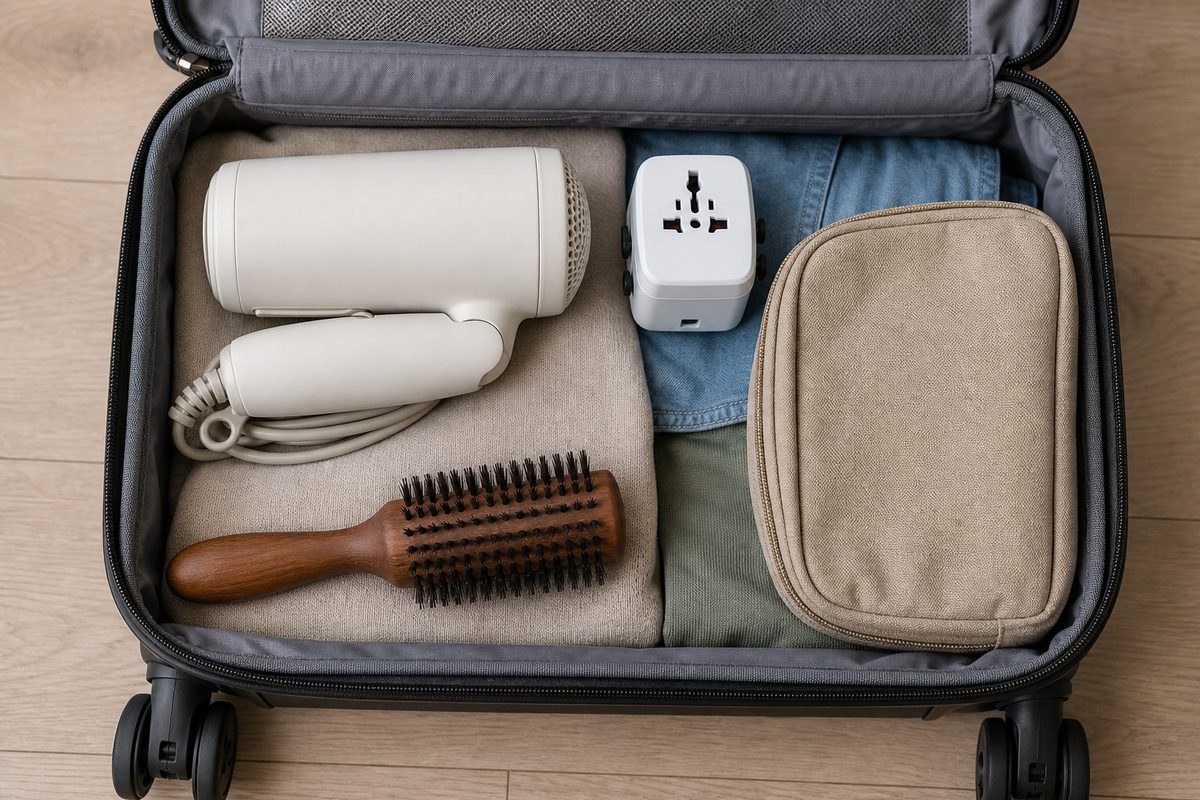 Open carry-on with a folded hair dryer, plug adapter, round brush and toiletry bag