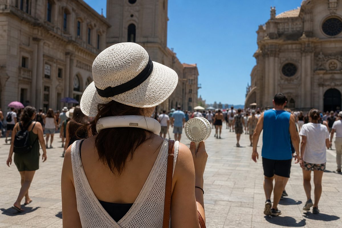Traveller seen from behind in a sunny plaza wearing a neck fan and holding a handheld fan