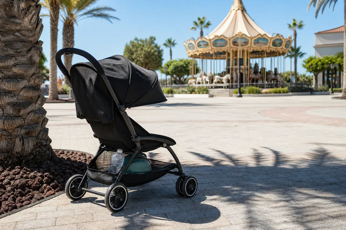 Travel stroller with the canopy extended parked in palm shade near a carousel