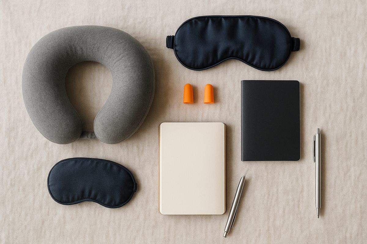Flat lay of a grey neck pillow, sleep masks, earplugs, passport and notebook