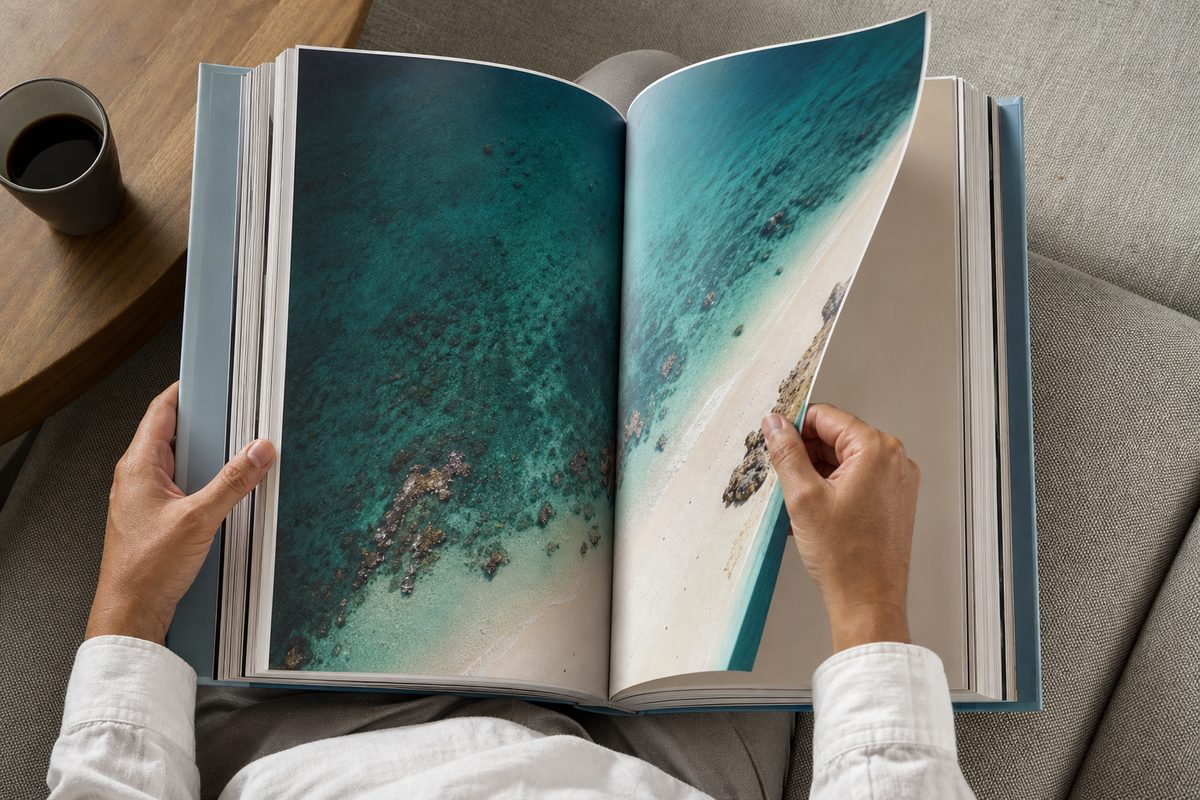 Overhead view of hands turning a page of a large book showing an aerial photo of turquoise sea and a white beach, with a coffee cup nearby