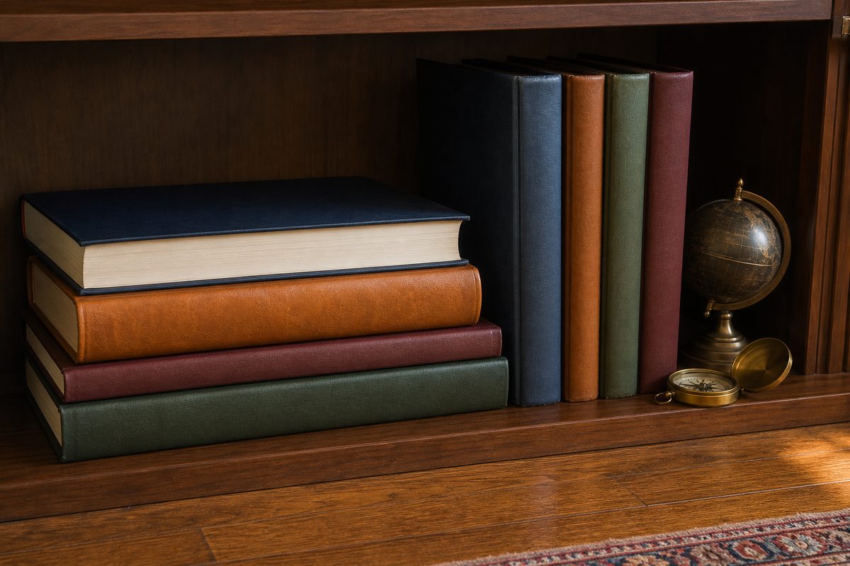 Bottom bookshelf with oversized books lying flat in a stack, tall atlas-size books standing, and a small globe and brass compass