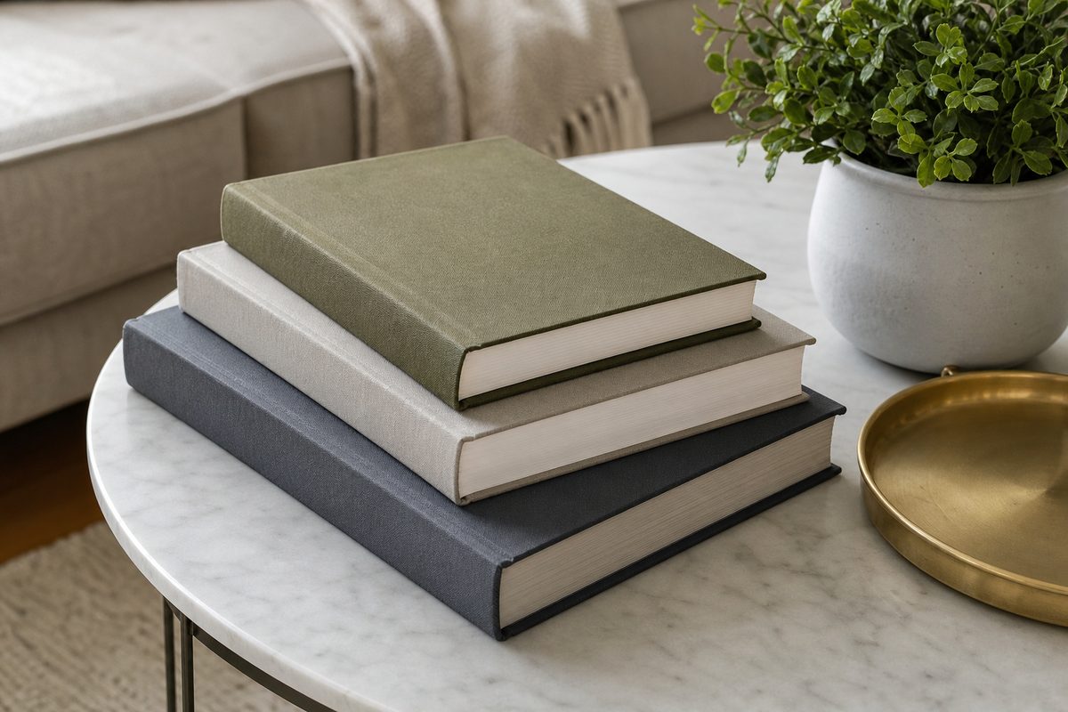 Stack of three plain cloth-bound hardcover books on a round marble coffee table beside a green plant and a brass tray