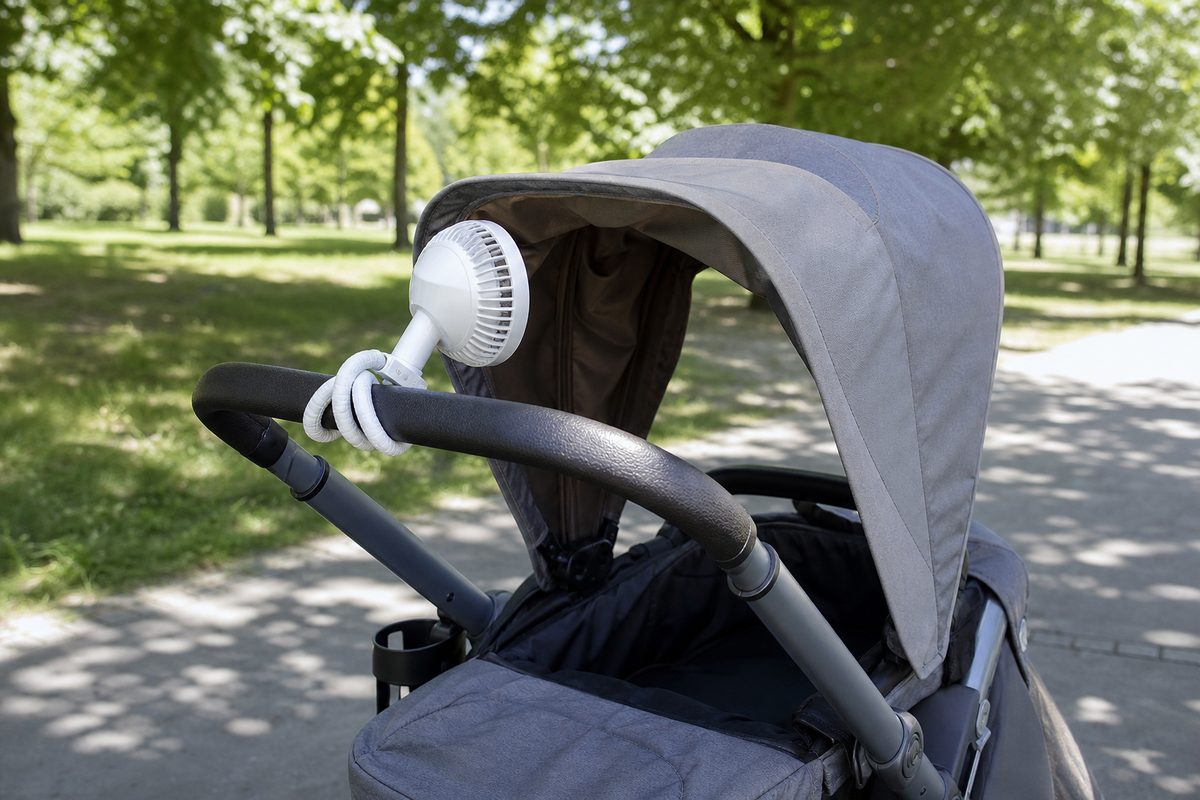 Small white fan with flexible tripod legs wrapped around a stroller handlebar, outside the canopy