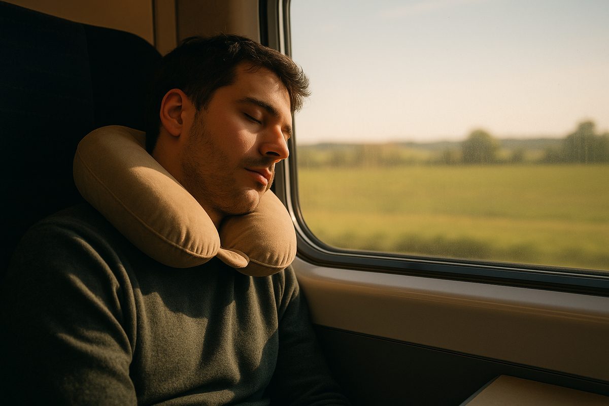 Man asleep by a train window wearing a beige neck pillow