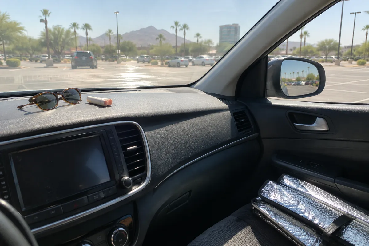 Sunglasses and a lip balm on a car dashboard in a sunny parking lot, a folded sunshade on the seat