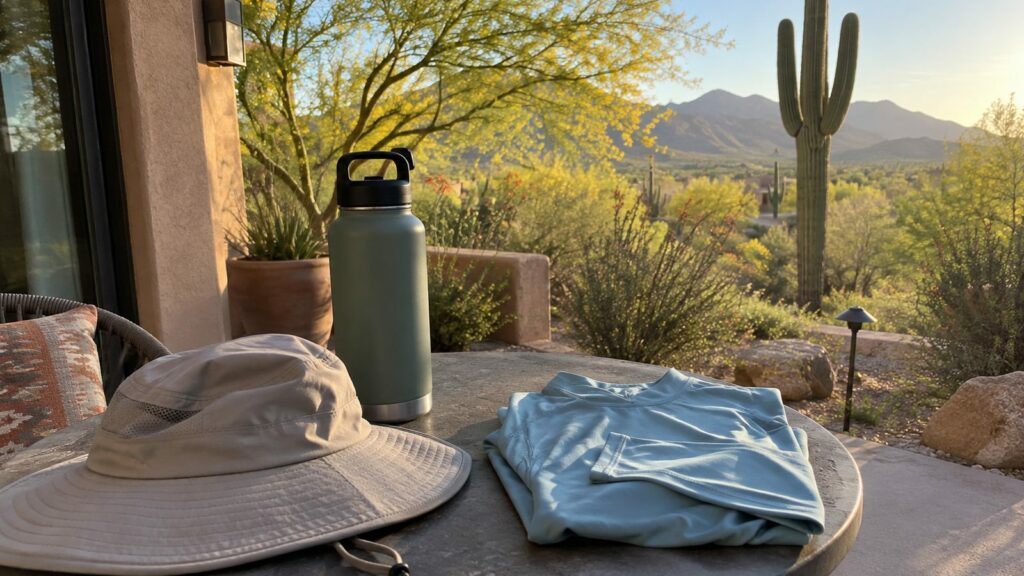 Sun hat, insulated water bottle and folded sun shirt on a patio table at a desert resort with a saguaro behind