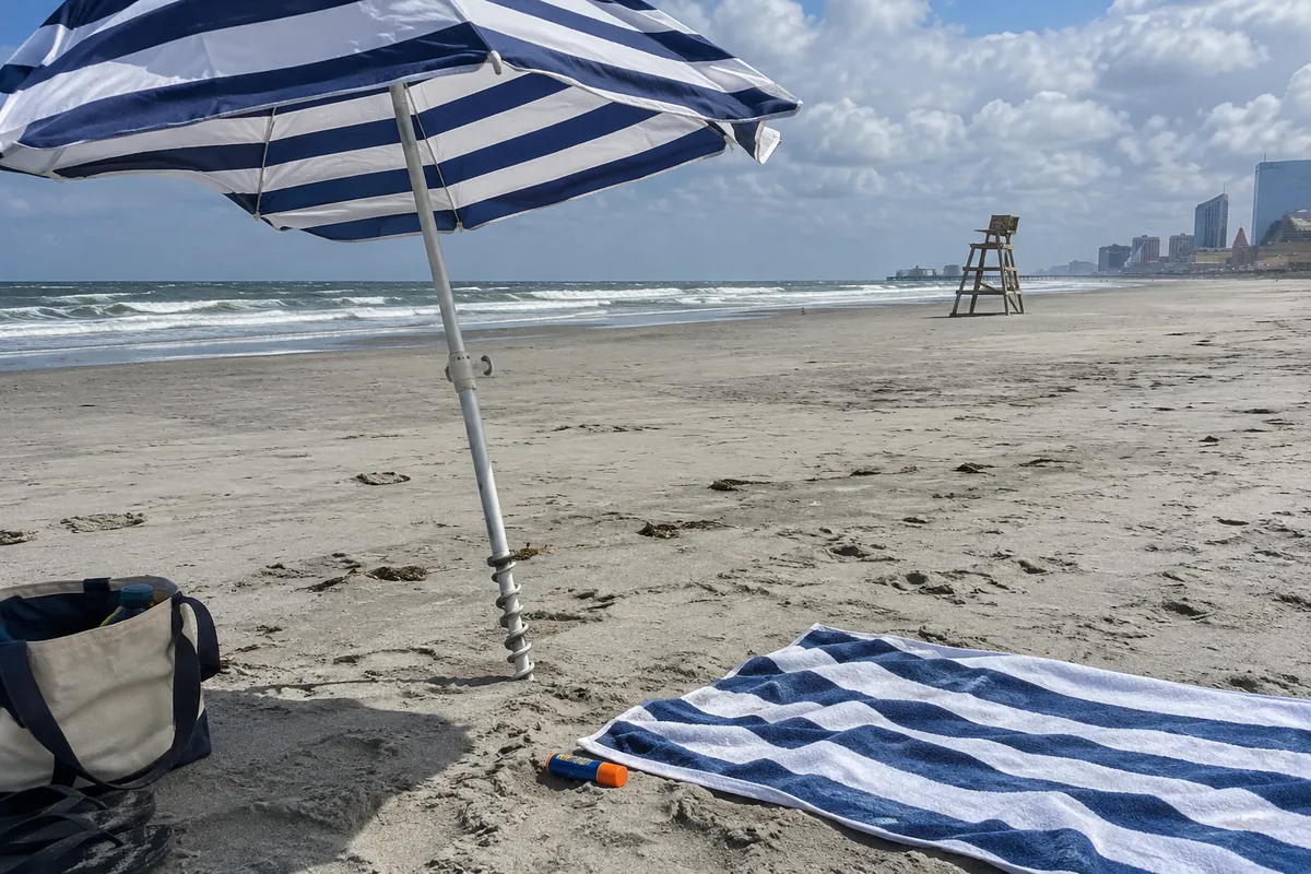 Striped beach umbrella in a spiral sand anchor beside a striped towel and sunscreen stick on a wide beach