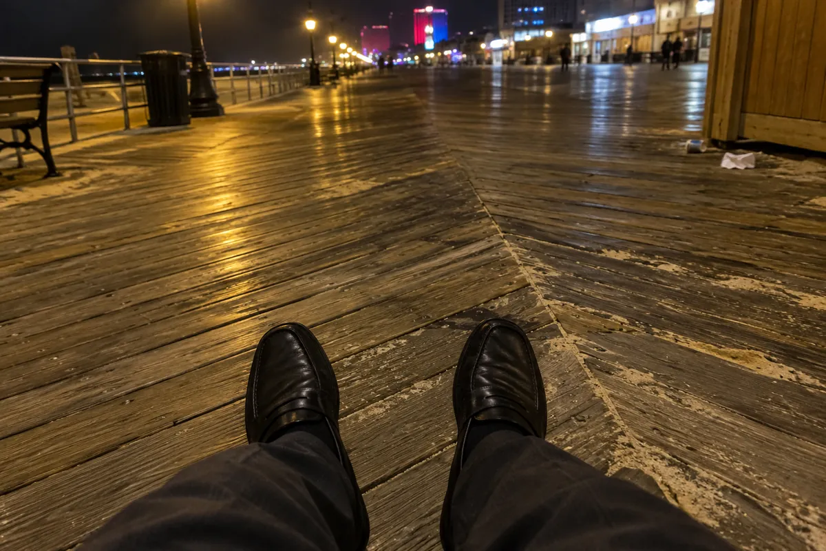 Feet in black leather loafers and dark trousers on wooden Boardwalk planks lit by lamps at night