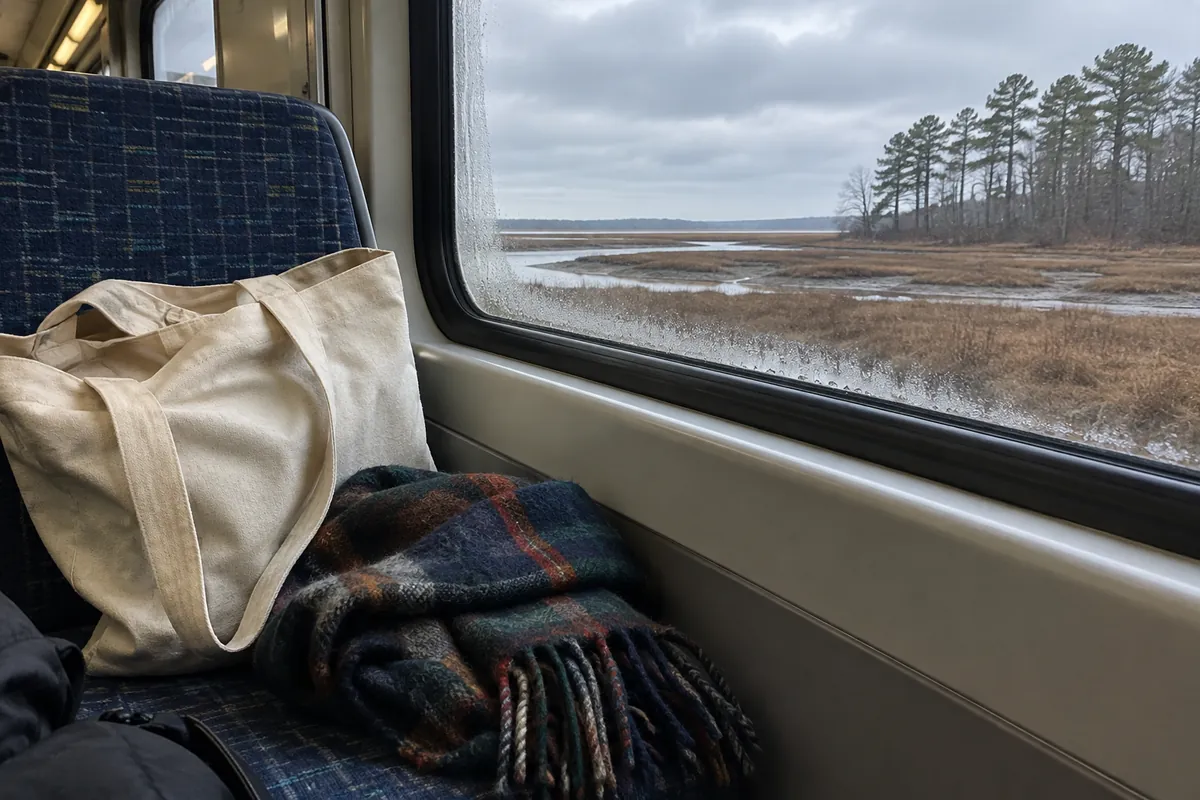 Canvas tote and plaid wool scarf on a train seat beside a window showing brown salt marsh and pines