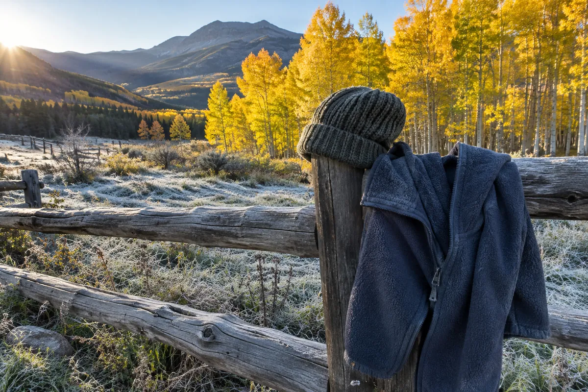 Knit beanie and zipped fleece jacket on a split-rail fence in front of yellow aspens with frost on the grass