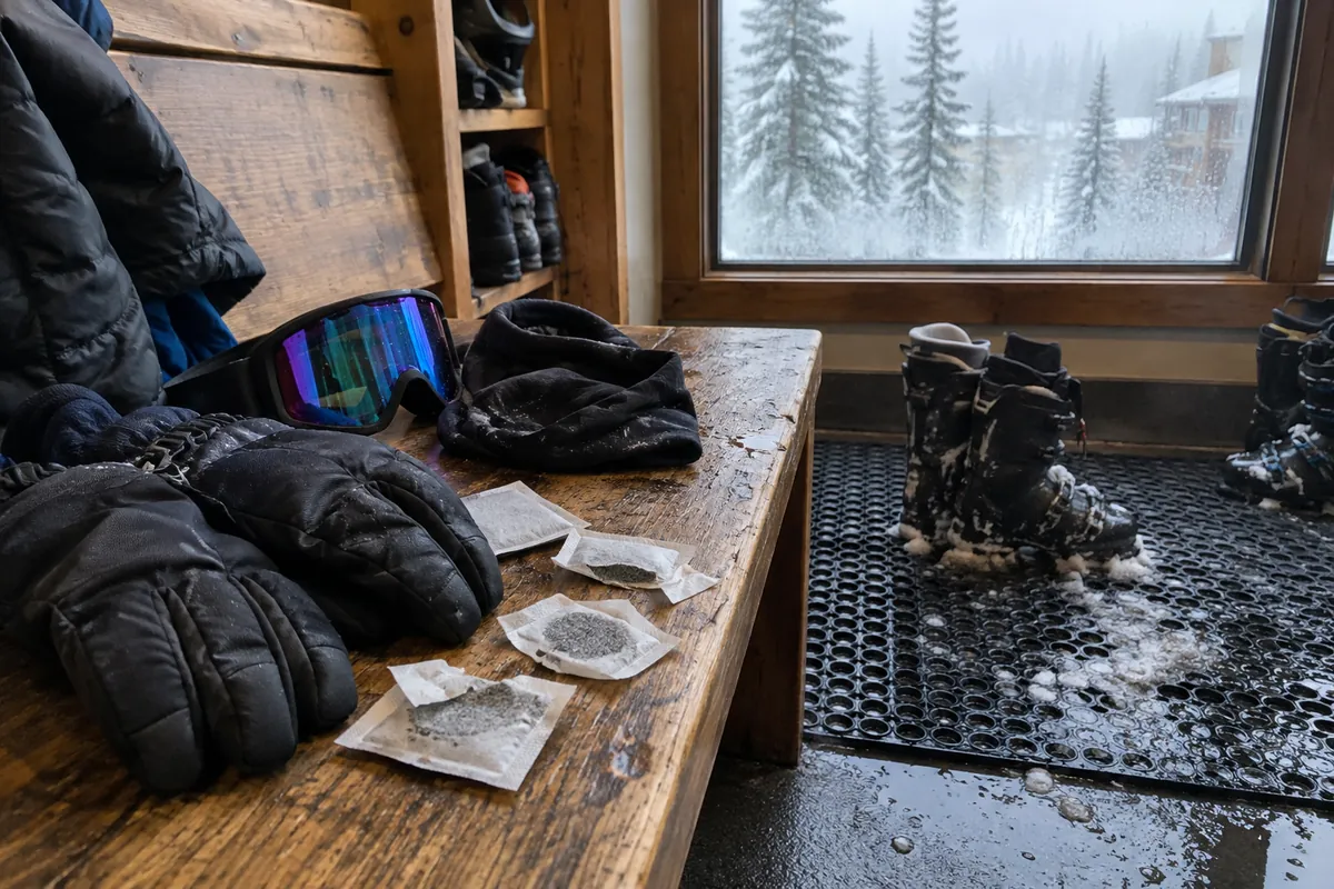 Ski gloves, goggles, a neck gaiter and opened hand warmer packets on a wooden bench in a condo boot room