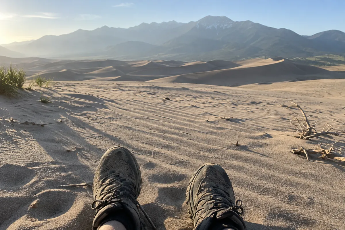 Feet in dusty closed trail shoes on rippled pale sand with mountains hazy in the background