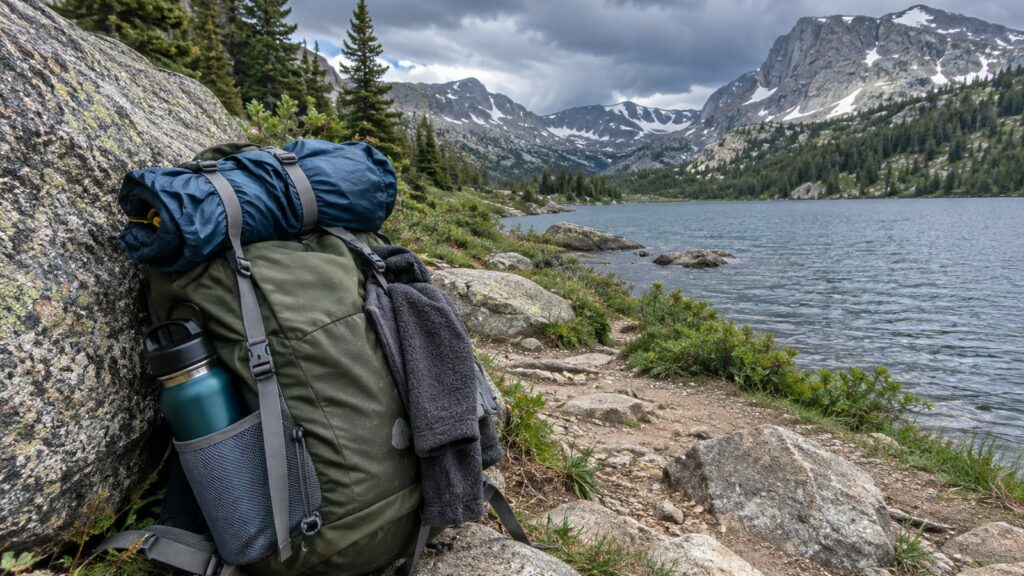 Hiking daypack with a rolled rain shell against a granite boulder by an alpine lake in Rocky Mountain National Park