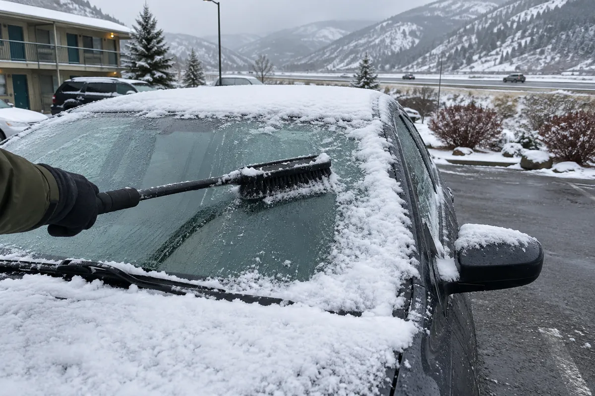 Gloved hand brushing fresh snow off the windshield of a dark rental sedan in a mountain motel parking lot